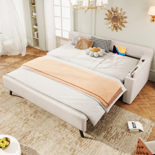 Sänglinne 90x200 cm med utdragbar säng & USB | Multifunktionell komfort Beige