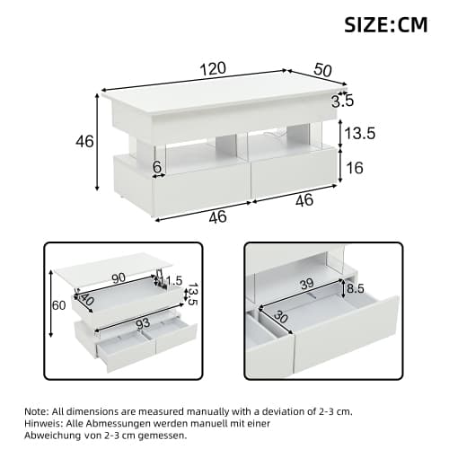 Højdejusterbart sofabord med LED-belysning, løfteplade og 2 skuffer, 120x50cm højglans, glas/MDF, hvid White