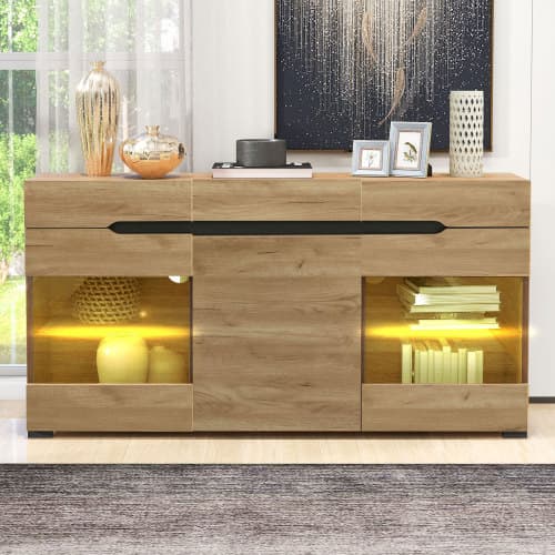 Moderne LED skænk, skab med 3 døre & 3 skuffer, stor opbevaringsplads, buffet & kommode til opholdsområde Natural
