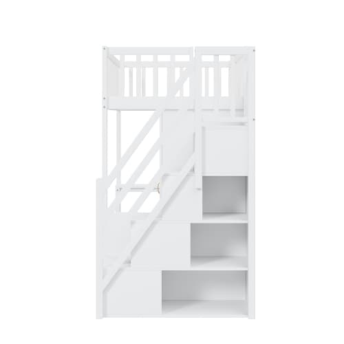 Loftseng 90x200cm med garderobe og bord - opbevaringstrappe, træsengestel, hvid White