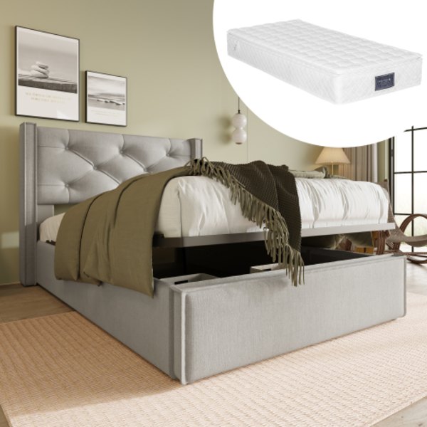 Hydraulisk enkelsäng klädd 90x200cm, säng med metallram, modern sängram med förvaring, bomull LIGHT GREY