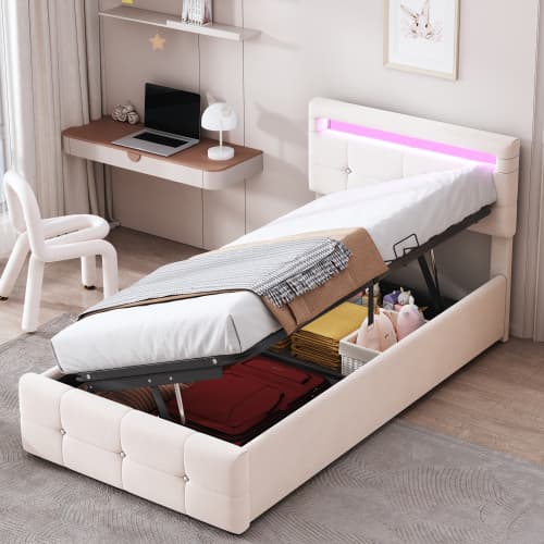 Barn-Säng 90x200 - med LED & Förvaring | Höjdjusterbar Sammetssäng i Beige | Högbox-Design Beige