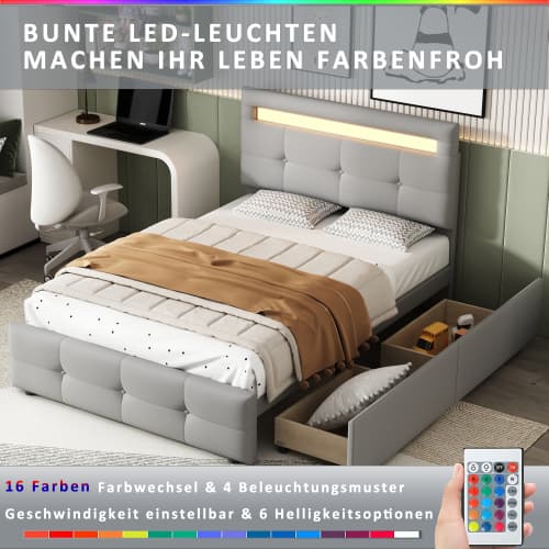 Modern stoppad säng 90×200 cm med LED-belysning - linnetyg & 2 lådor (grå) Grey