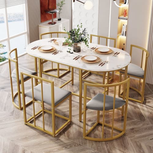 Modern 6 matbordsset i vitt/grått med gulddetaljer – elegant matrumskombination Gold