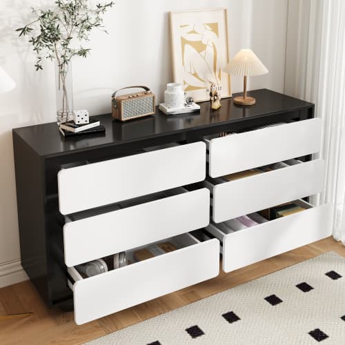【Sideboard 140x38cm Modern】Kommod med 6 lådor & sminkspegel, förvaring, vit högglans White