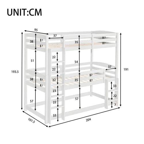 Vit trevåningssäng 90x200 cm | massiv trä barnsäng White