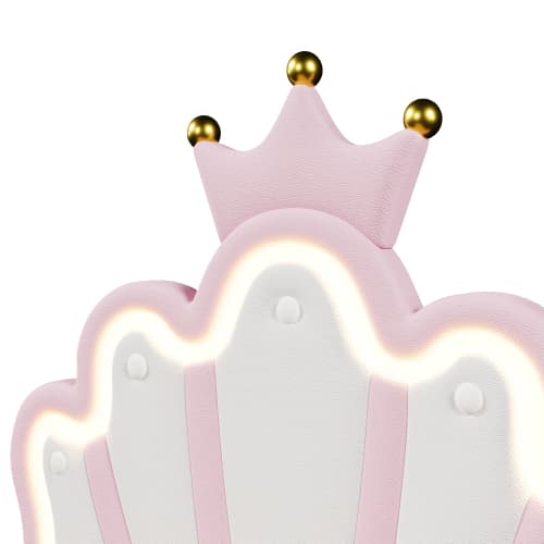 Prinsesseseng 90x200cm med kroneform, hydraulisk løftemekanisme & LED-belysning, justerbart sengegærde, pink Pink