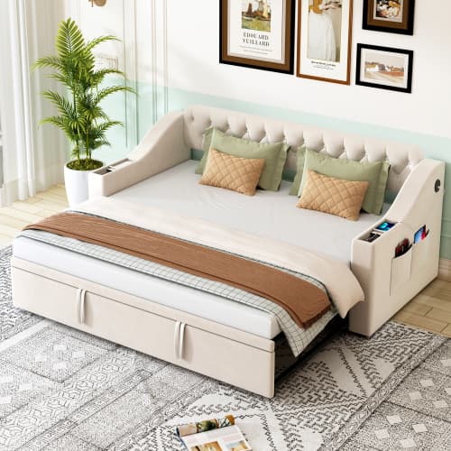 Sovsoffa 90x190 cm med USB-laddningsanslutning | klädd säng med säng- och förvaringsväskor | sammet i beige | Tjock Beige