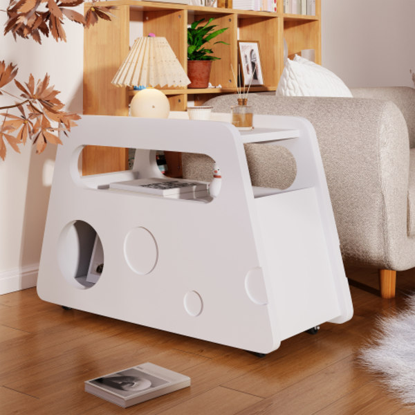 Skänk, modernt vitt sidobord med hjul, säker rundad design – mobil, platsbesparande White