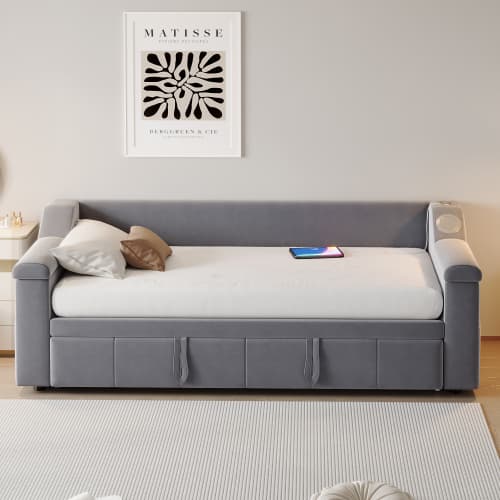Smart bäddsoffa med klädsel 90/180×190 cm | Grå sammet | Med Bluetooth-ljud & USB Gray