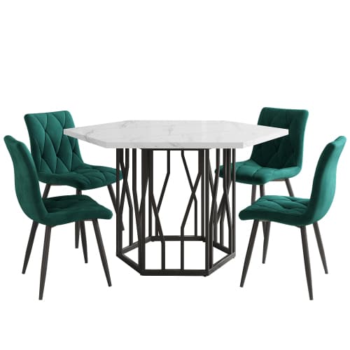 5-delars matbordset, hexagonalt marmorbord + 4 gröna sammetsstolar, modern design för vardagsrum Black White + Green