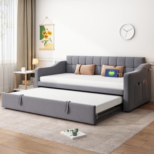 Seng polstret sovesofa 2-i-1 (90x180cm) Grå – fløjl med stik & opbevaringstaske, multifunktionelle møbler Gray