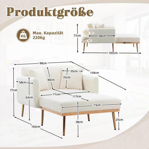 Beige Relaxfåtölj – justerbar hopfällbar stol för vardagsrum/sovrum, ergonomisk, 150° lutning White Teddy