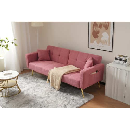 Modern bäddsoffa med sängfunktion – justerbart ryggstöd, ben i guldmetall & praktiska sidofickor Pink