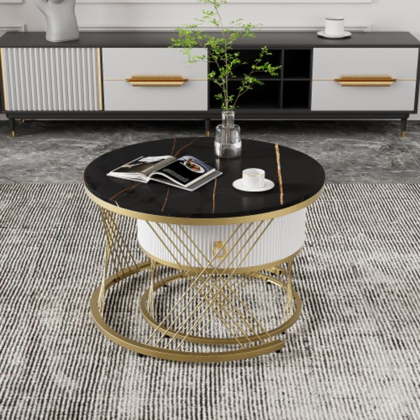 Elegant soffbord: marmoroptik, gulddekor, sidobord med lådor – set om 2 Black