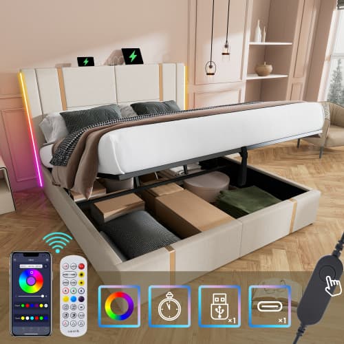 Dubbelsäng USB Typ C Laddningsfunktion APP-Kontroll LED 160×200 Förvaringssängar sängram, trä sängram Beige