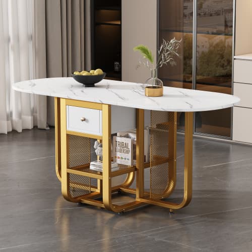Vikbart matbord, expanderbart matbord, multifunktionellt utdragbart matbord, matbord med förvaringsutrymme, White+Gold