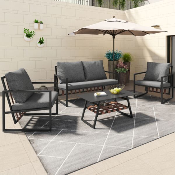 Trädgårdsmöbler Sittgrupp Trädgårdsset, Gardenlounge för 4 personer, med Soffa, Soffbord & Kuddar Black