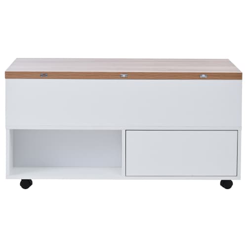 Højdejusterbart sofabord med 4 skuffer og hjul | Løftbar top, 100x50x52cm | Hvid/Træ, Multifunktionel White+Oak