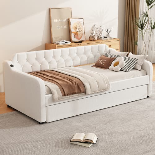 90x200 säng beige - Bäddsoffa med gästsängsfunktion (utdragbar) & USB-port - Multifunktionell design - sängram ingår Beige
