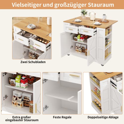 Vit multifunktionell köksö med trästruktur – bufféskåp & serveringsvagn med stretchfunktion & integrerat matbord White