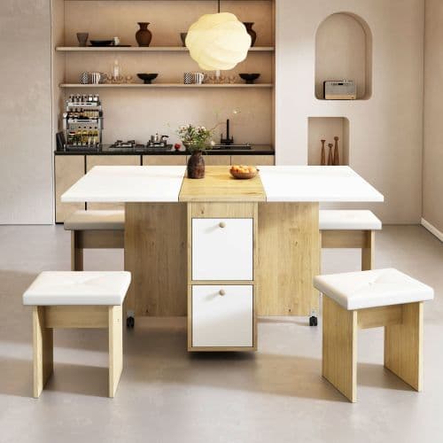 matgrupp, (med matbord, 4 stolar), hopfällbart matbord, 120*80*75cm, utdragbart matbord White+Oak