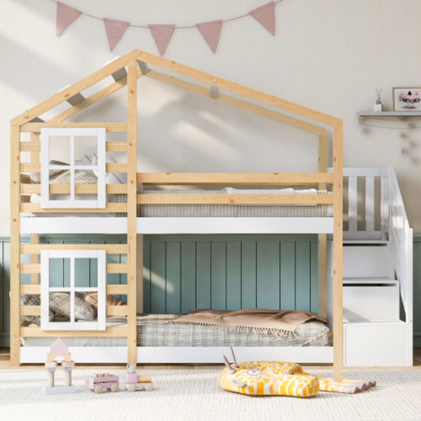 Babysäng Trähus 90 x 200 cm, våningssäng för barn i fönsterkonstruktion med förvaring Natural+WVhite