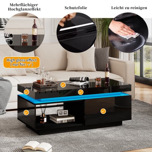 Högblank LED-soffa (100 cm) – Med låda & 50 kg kapacitet – Modernt sidobord Black