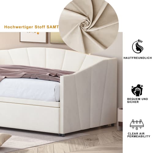 Multifunktionell bäddsoffa 90/180×200 cm | Beige sammet | Med ribbotten Beige