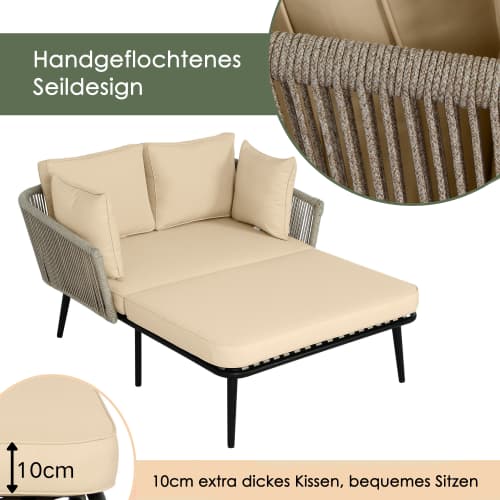 Trädgårdssoffa med 2 kuddar och 2 dynor, utomhus solbädd, trädgårdslounge, balkongmöbelset, loungemöbler khaki + Polyester