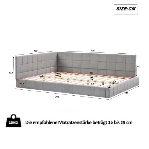 Premium grå bäddsoffa 140x200 cm - multifunktionell säng med sammetsöverdrag & ribbotten Gray