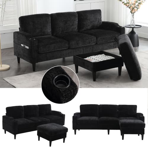 Lyxig soffgrupp med pall | 4-sits Samptoptic | multifunktionell vardagsrumssoffa med förvaringsutrymme Black