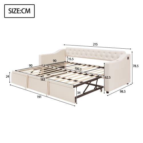 Sovsoffa 90x190 cm med USB-laddningsanslutning | klädd säng med säng- och förvaringsväskor | sammet i beige | Tjock Beige