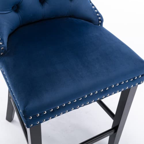 Barstolar set om 2 blå, sammetsöverdrag med knappstickning & kromnithuvudkant, träben Blue