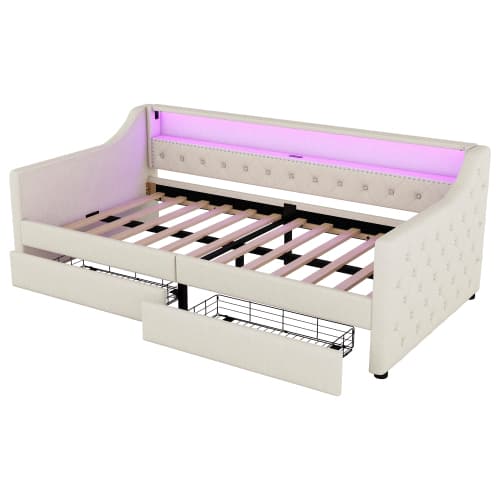 90x200 dagbädd – bäddsoffa med stämningsbelysning, USB-anslutning & lådor Beige
