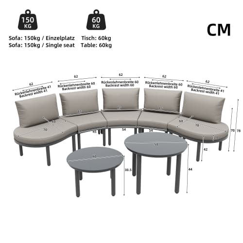 Modern 5-sits trädgårdsmöbelset med glasbord – elegant loungeset i grått Grey