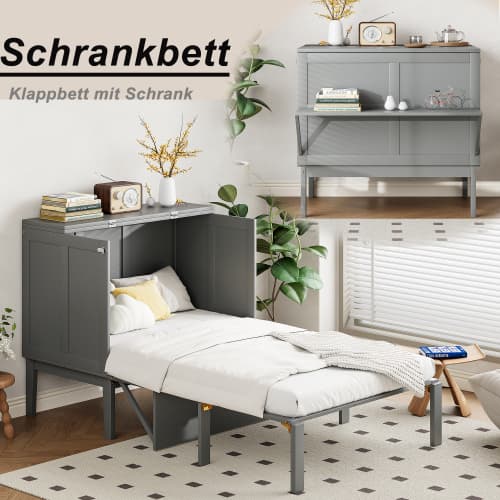 Garderobssäng 90×200 cm | Väggfällbar säng med ribbor | Grå | Utrymmesbesparande ungdomssäng Gray