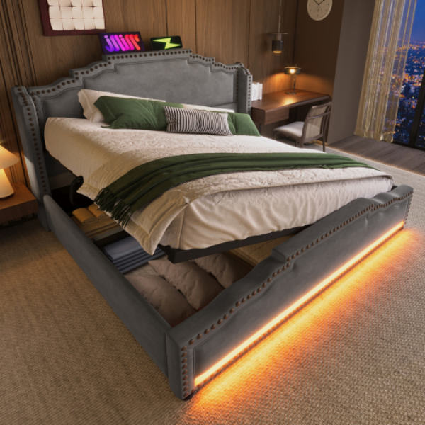 Säng med klädsel 160x200, dubbelsäng med hydraulisk förvaring, LED-belysning och USB-C-laddningsanslutning, förvaringssäng och ungdomssäng med sängbord, Grey