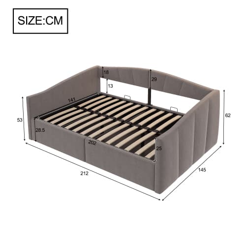 Soffa med bäddfunktion 140x200 cm med hydraulisk förvaring, ribbor & sammetsöverdrag – grårandig optik, platsbesparande & mysig! Grey