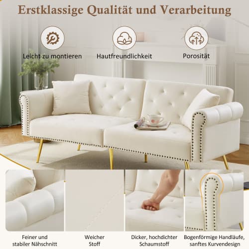 Modern 2-sits bäddsoffa med sammetsöverdrag – 3-vägs justerbart ryggstöd & gyllene metallfötter Beige