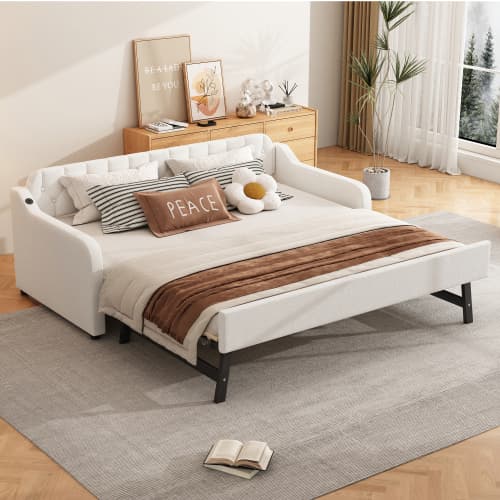 90x200 säng beige - Bäddsoffa med gästsängsfunktion (utdragbar) & USB-port - Multifunktionell design - sängram ingår Beige