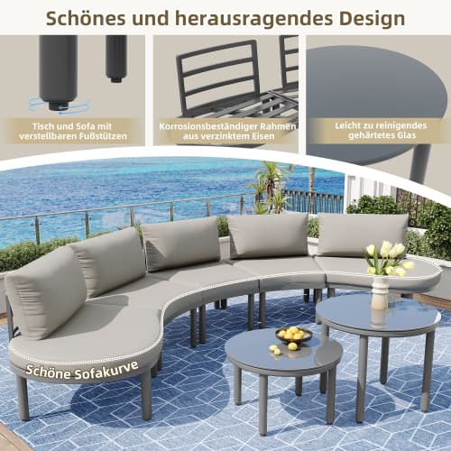 Modern 5-sits trädgårdsmöbelset med glasbord – elegant loungeset i grått Grey