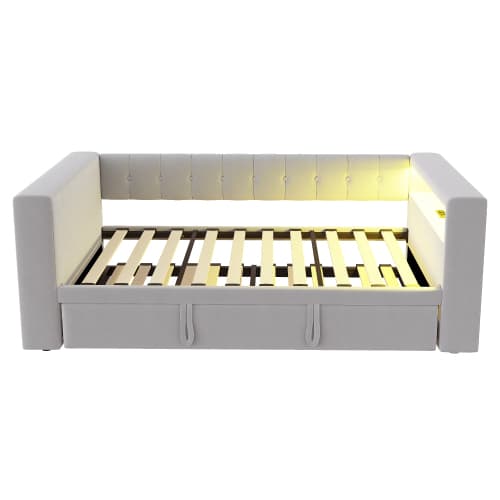 Multifunktionel seng med LED-belysning og stikkontakter, polstret seng 90/180x190cm med opbevaringsplads, sovesofa, lysegrå Light Gray