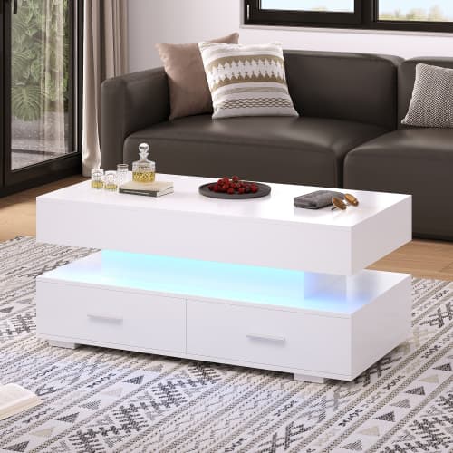 Vitt höj- och sänkbart LED-soffbord (100x50x44cm) - hydraulisk mekanism, Bluetooth-app, 2 lådor + förvaringsutrymme White
