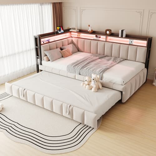 Modern bäddsoffa med USB-C & LED-belysning, utdragbar säng 90x200cm med förvaringsfack, sammetstyg i beige Beige
