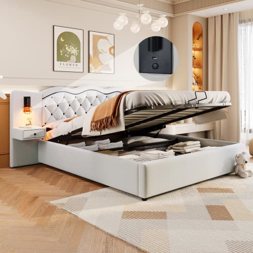 180x200cm Premium säng beige - Med hydraulisk säng & USB - vadderad sänggavel + 2 lampor Beige