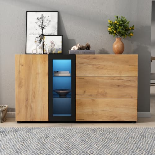 Modern skänk 140 cm med 3 lådor & glasfront – elegant buffé/förvaringsskåp för vardagsrum & matsal Grey