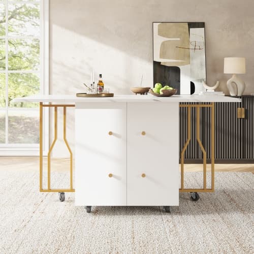 Bärbart hopfällbart bord med marmoroptik – multifunktionellt matbord med gyllene ben & hjul White