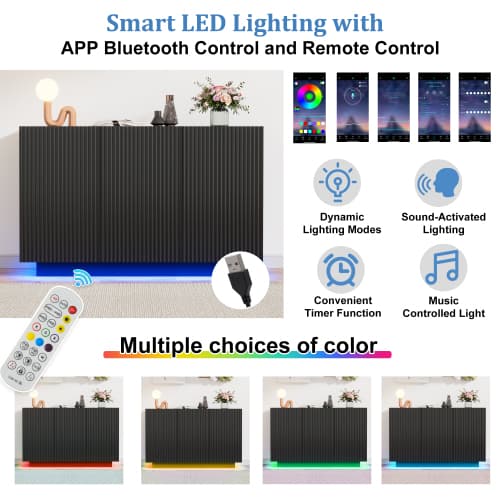 Modern svart LED skänk 120cm - marmoroptik & Bluetooth-ljusstyrning - Vertikal belysning - Praktisk vardagsrumsmöbel Black
