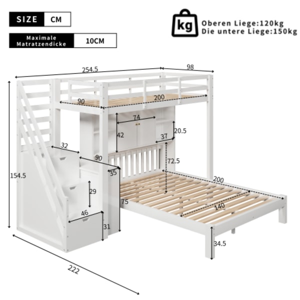 våningssäng med hylla, 90*200cm+140*200cm, multifunktionell säng, dagbädd för barn, med förvaringsstege och flyttbart sidobord White